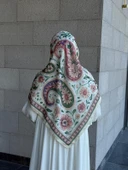 Pamuklu Flora Desen Eşarp-Krem - 7