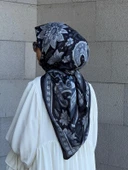 Pamuklu Flora Desen Eşarp-Siyah/Gri - 3