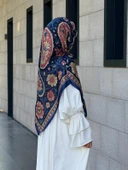 Pamuklu Flora Desen Eşarp-Lacivert - 12