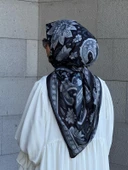 Pamuklu Flora Desen Eşarp-Siyah/Gri - 7