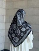 Pamuklu Flora Desen Eşarp-Siyah/Gri - 5