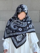 Pamuklu Flora Desen Eşarp-Siyah/Gri - 9