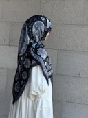 Pamuklu Flora Desen Eşarp-Siyah/Gri - 1