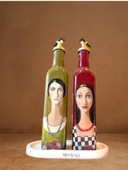 El Yapımı Sanatsal Yağdanlık Seti, Kadın Portreli Cam Şişe Tasarımı, Sirkelik & Sosluk thumbnail 3