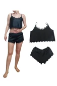 Siyah Saten Dantelli Rahat Kesim Alt-Üst Şort Crop Şort Takım - 1