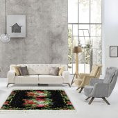 Klasik Baskılı Yapraklı Demet Bordo Gül Siyah Zeminli Halı HR_405 - 1
