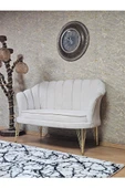 İkili İstiridye Gold Kaplama Telli Ayak Çay Seti Koltuk Tekli Berjer , İkili Berjer Koltuk Krem Renk 110 x 48 Boyut/Ebat - 3
