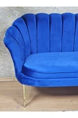 İkili İstiridye Gold Kaplama Telli Ayak Çay Seti Koltuk Tekli Berjer , İkili Berjer Koltuk Mavi Renk 110 x 48 Boyut/Ebat - 4