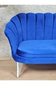 İkili İstiridye Beyaz Boyalı Telli Ayak Çay Seti Koltuk Tekli Berjer , İkili Berjer Koltuk Mavi Renk 110 x 48 Boyut/Ebat - 4