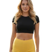 Kadın Kısa Kol Yazlık Dar Basic Siyah Crop Tişört thumbnail 1