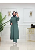 2'li Kadın Pantolon Tunik Takımı, Polo Yaka Düğmeli Elbise - 5