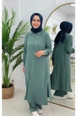 2'li Kadın Pantolon Tunik Takımı, Polo Yaka Düğmeli Elbise - 7