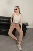 Gabardin Kumaş Paçası Lastikli Kadın Pantolon-Camel thumbnail 1