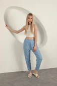 Sofia Keten Duble Paça Kadın Pantolon-Mavi thumbnail 1