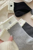 Hitit Socks Kadın 5 Çift Premium Kalite Dantel Kalp Desenli Çift Katmanlı Kore Tarzı Soket Çorap - 4