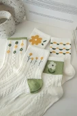 Hitit Socks Kadın 5 Çift Premium Kalite Yeşil Çiçek Desenli Soket Çorap - 6