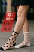 Hitit Socks Kadın 2 Çift Premium Kalite Mini Kalp Desenli Tül Çorap Siyah Beyaz - 1