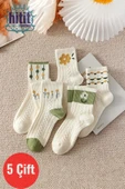 Hitit Socks Kadın 5 Çift Premium Kalite Yeşil Çiçek Desenli Soket Çorap - 1