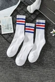 Hitit Socks Unisex 3 Çift Premium Kalite Yüksek Pamuklu Kolej Çorap Mavi Kırmızı Çizgili - 1