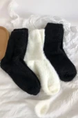 Hitit Socks Kadın 2 Çift Peluş Kışlık Termal Uyku Çorabı Siyah Beyaz - 3