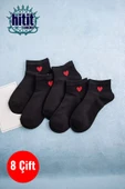 Hitit Socks Kadın 8 Çift Pamuklu Günlük Kullanım İçin Kalp Desenli Kısa Patik Çorap Siyah - 1