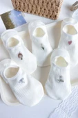 Hitit Socks Kadın 5 Çift Premium Fiyonk Çiçek ve Kalp Desenli Babet Çorap Seker Beyazı - 4