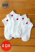 Hitit Socks Kadın 8 Çift Pamuklu Günlük Kullanım İçin Kalp Desenli Kısa Patik Çorap Beyaz - 1