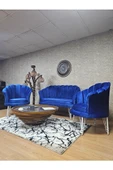 İstiridye Takım Beyaz Boyalı Telli Ayak Çay Seti Koltuk Takımı Mavi Renk 110 x 48 Boyut/Ebat - 4