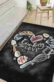 Dijital Baskılı Dekoratif Kaymaz Taban Yıkanabilir Cooking Love Halı Mutfak Halısı Yolluk Salon Halısı 80x150 cm Antrasit - 1