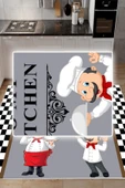 Dijital Baskılı Dekoratif Kaymaz Taban Yıkanabilir Aşçı Desenli Halı Mutfak Halısı Yolluk Salon Halısı 200x250 cm Gri - 4