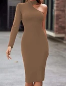 Kadın Uzun Kollu Tek Omuz Ve Kol Açık Detay Viskon Mini Boy Elbise thumbnail 5