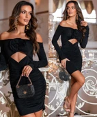 Kadın Madonna Yaka Gül Detay Fırsat ürün Göbek Dekolteli Mini Elbise thumbnail 1