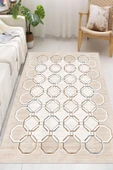 Dijital Baskılı Dekoratif Kaymaz Taban Yıkanabilir Geometrik Halı Salon Halısı Yolluk Mutfak Halısı 80x500 cm Krem - 2