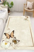 Dijital Baskılı Dekoratif Kaymaz Taban Yıkanabilir Kelebek Desen Halı Salon Halısı Yolluk Mutfak Halısı 100x300 cm Krem thumbnail 3