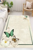 Dijital Baskılı Dekoratif Kaymaz Taban Yıkanabilir Kelebek Desen Halı Salon Halısı Yolluk Mutfak Halısı 100x150 cm Yeşil thumbnail 2
