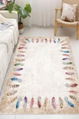 Dijital Baskılı Dekoratif Kaymaz Taban Yıkanabilir Tüy Desen Halı Salon Halısı Yolluk Mutfak Halısı 120x300 cm Krem - 2
