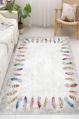 Dijital Baskılı Dekoratif Kaymaz Taban Yıkanabilir Tüy Desen Halı Salon Halısı Yolluk Mutfak Halısı 80x200 cm Gri - 4