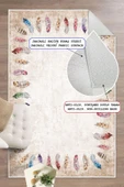 Dijital Baskılı Dekoratif Kaymaz Taban Yıkanabilir Tüy Desen Halı Salon Halısı Yolluk Mutfak Halısı 160x230 cm Krem thumbnail 1