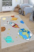 Dijital Baskılı Dekoratif Kaymaz Taban Yıkanabilir Gezegenler Temalı Modern Çocuk Halısı 100x250 cm Gri - 3