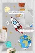 Dijital Baskılı Dekoratif Kaymaz Taban Yıkanabilir Gezegenler Temalı Modern Çocuk Halısı 100x300 cm Gri thumbnail 1