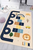 Dijital Baskılı Dekoratif Kaymaz Taban Yıkanabilir Hayvanlı Seksek Temalı Modern Çocuk Halısı 60 x 150  cm Krem thumbnail 1