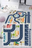 Dijital Baskılı Dekoratif Kaymaz Taban Yıkanabilir Trafik Parkı Temalı Modern Çocuk Halısı 60x200 cm Gri thumbnail 4