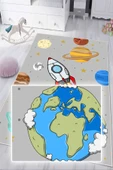 Dijital Baskılı Dekoratif Kaymaz Taban Yıkanabilir Gezegenler Temalı Modern Çocuk Halısı 50x60 cm Gri thumbnail 4
