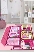 Dijital Baskılı Dekoratif Kaymaz Taban Yıkanabilir Prenses Evi Temalı Modern Çocuk Halısı 80x400 cm Pembe thumbnail 1