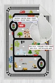 Dijital Baskılı Dekoratif Kaymaz Taban Yıkanabilir Trafik Yolu Temalı Modern Çocuk Halısı 120x200 cm Gri - 1