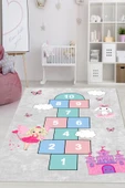 Dijital Baskılı Dekoratif Kaymaz Taban Yıkanabilir Kız Çocuk Seksek Temalı Modern Çocuk Halısı 100x200 cm Gri thumbnail 1