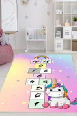 Dijital Baskılı Dekoratif Kaymaz Taban Yıkanabilir Unıcorn Temalı Modern Çocuk Halısı 120x200 cm Çok Renkli - 4