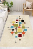 Dijital Baskılı Dekoratif Kaymaz Taban Yıkanabilir Geometrik Desen Halı Salon Halısı Yolluk Mutfak Halısı 80x300 cm Krem - 2