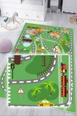 Dijital Baskılı Dekoratif Kaymaz Taban Yıkanabilir Trafik Parkı Temalı Modern Çocuk Halısı 60x400 cm Yeşil thumbnail 4