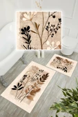 Dijital Baskı Yaprak Desen Kaymaz Taban 2li Set Banyo Paspası Klozet Takımı (50x60cm-60x100cm) Krem Tek Ebat thumbnail 3
